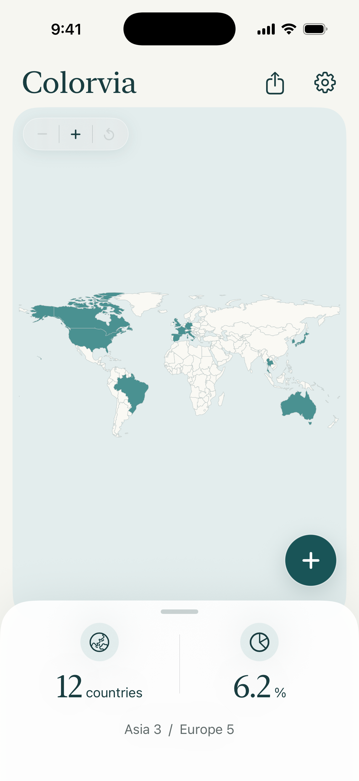 Colorvia home screen with world map and visit stats